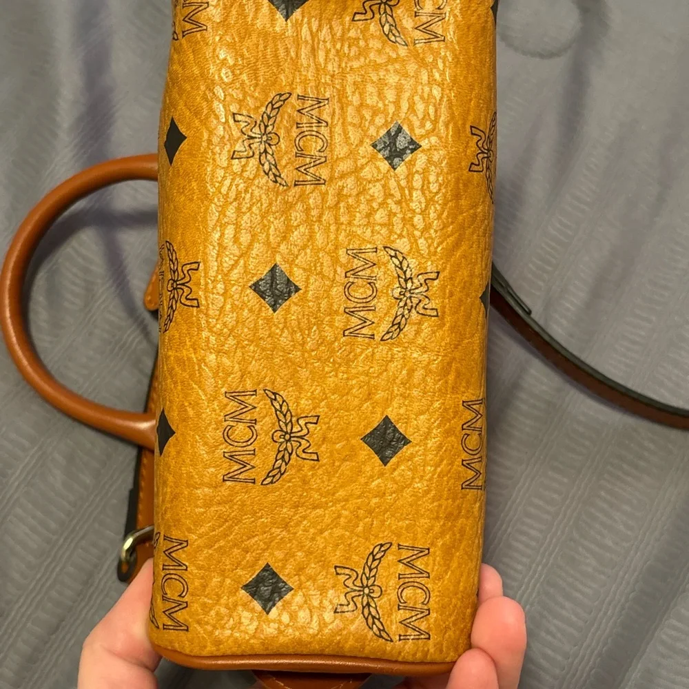 MCM Orange Visetos Dome Satchel with Gold Plaque